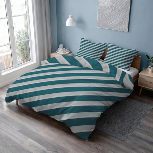 Generisch Türkis Grau Streifen Bettwäsche 200x200, Bettbezug Gestreift Abstrakte Moderne 3teilig, 1 Wendebettwäsche + 2 Kissenbezug 80x80 Weich Mikrofaser, Schlafzimmer Deko & Geschenk BhT13