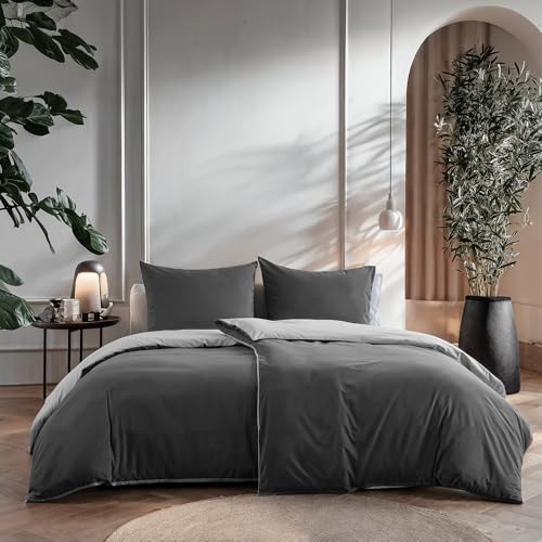 Sleeptime Bettwäsche 4teilig Grau Anthrazit   100% Baumwolle, bügelfrei & hautfreundlich   Hotel Qualität 2 Kissenbezügen 80x80 – Atmungsaktiv & Oeko TEX Zertifiziert