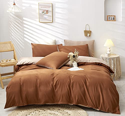 Damier Bettwäsche 155×220cm Karamell Braun Beige Uni Wendebettwäsche Set 2 Teilig Superweiches Microfaser Bettbezug mit Verdecktem Reißverschluss und Kopfkissenbezug 80 × 80 cm