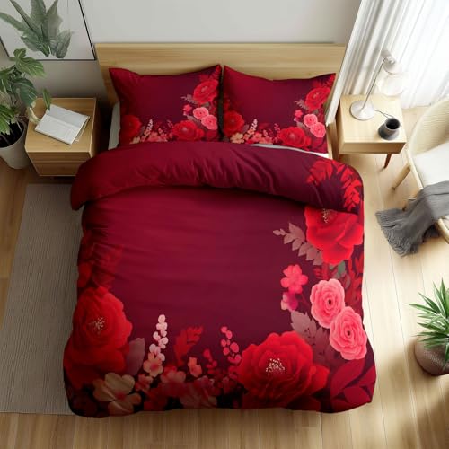 Bettwäsche 135 x 200 cm Orientalisch Rosenblüten Blätter Bettbezug, Flauschige Atmungsaktiv Rot Bettwäsche Set und Kissenbezug mit Reißverschluss für Kinder Jugendliche Erwachsene