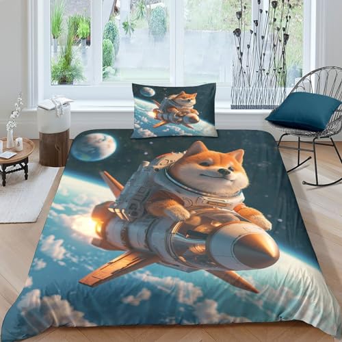 WXMMoney Bedrucktes Bettbezug-Set mit Astronauten-Shiba-Inu-Mot iv, Bettbezug mit Kissenbezügen, Bettwäsche-Set, Geschenke für Kinder, Raumdekoration, Einzelbett (135 x 200 cm)