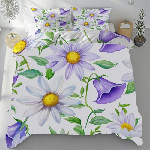 Tyafsgvqo Gänseblümchen Glockenblume Bügelfrei Bettwäsche 135x200 cm, Pflanzen Blumen Bettbezug, Floral Landhausstil Bettwäsche Set Kühlend Atmungsaktiv, Wendebettwäsche mit 2 Kissenbezug 80x80