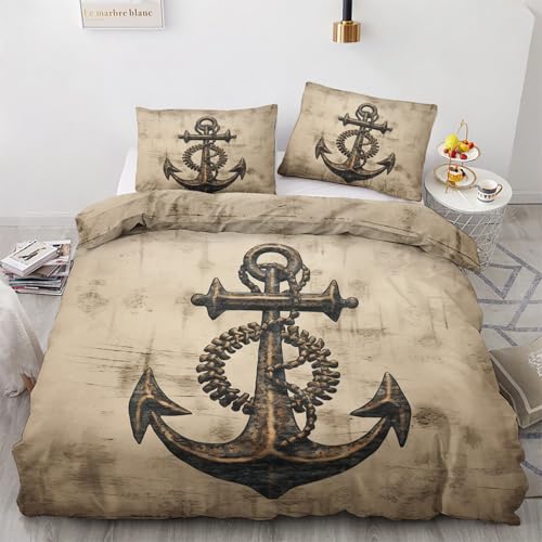 NOGAWA Bettwäsche 155x220 Vintage Anker - Nautisch Maritim Bettbezug 155x220 2er Set, Weich & Bügelfrei Mikrofaser Bettwäsche-Sets, Wendebettwäsche mit Reißverschluss und 1 Kissenbezug 80x80