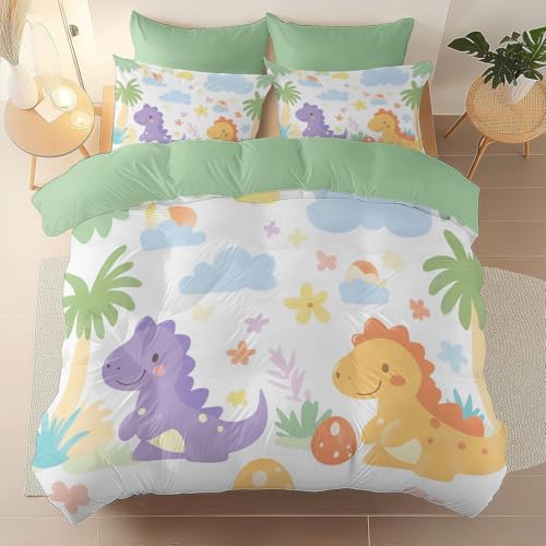Drucken Bettwäsche Sets 3 Teilig Süß Kleiner Dinosaurier Wolken, 135 x 200 cm Reversibel Mikrofaser Bettbezug, Hellgrün Bettwäsche mit Reißverschluss und 2 Kissenbezüge 80 x 80cm