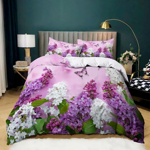 Lila Bettwäsche-Sets 200x200 cm, Pflanzen Blumen Flieder Schmetterling Bettwäsche Weiche Mikrofaser Allergiker 3 Teilig Bettbezug mit Reißverschluss für Teenager Erwachsene