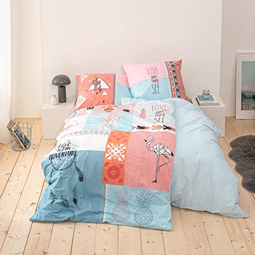 MTOnlinehandel TRAUMHELDEN Bettwäsche 135x200 Boho Chic Summer Vibes Traumfänger, Flamingo, Kaktus, Ananas, 1 Kissenbezug 80x80 cm + 1 Bettbezug 135x200, Teenager-Bettwäsche