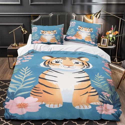 RJAVAGFZL Niedliche Tigerillustration 3D-Druck 3er-Set Kuschelbezug Cartoon-Tierkunststil Bettdeckenbezug Mikrofaser Hypoallergen Atmungsaktiv für Jugendliche Kinder Männer Single?140x200cm?