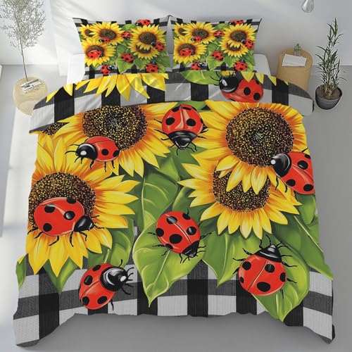 Sshjfeu Sonnenblume Marienkäfer Bettwäsche 140x200 3 Teilig Microfaser Weich, Landhausstil Bettwäsche-Sets mit 2 Kissenbezug 80x80cm, Jahrgang Kariert Bettdeckenbezug Set mit Reißverschluss