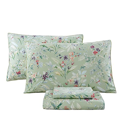 URBONUR Garten-Bettlaken-Set, salbeigrün, 4-teilig, ägyptische Baumwolle, seidig, kühlend, knitterfrei, tiefe Tasche, 40,6 cm (King-Size, grüne Blätter, Schmetterling und Blumen)