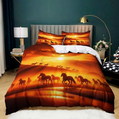 XCQHZYQ Bettwäsche 135x200 3teilig Sonnenuntergang Tier Pferd Orange Bettbezug mit 2 Kissenbezug, Bettwäsche Set Mikrofaser mit Reißverschluss, weich und bügelfrei