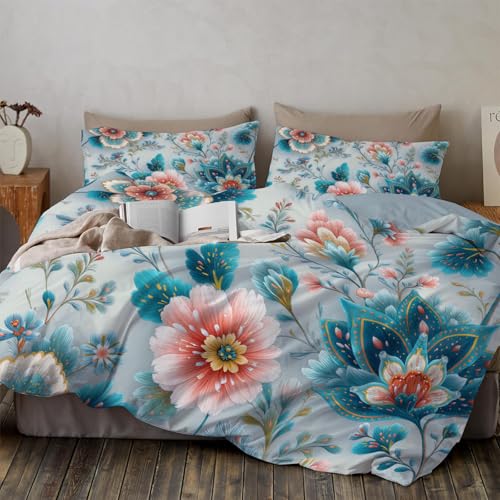 Bettwäsche Paisley-Muster 200 x 200 cm, Eleganter Retro-Blumenstil Bettbezug 3 Teilig Weich Mikrofaser Bettwaren, Türkis Bettwäsche-Set Für Erwachsene Reißverschluss Mit 2 Kissenbezügen
