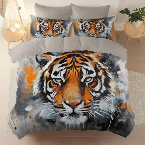 Bettwäsche 240 x 220 cm 3 teilig - Mikrofaser Bettbezug Fantasie-Ölgemälde Tiger Kissenbezug 80x80 cm - atmungsaktiver Stoff mit Reißverschluss Bettwäsche-Sets Dunkelgrau