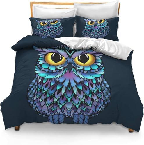 BJCJGGL Bettwäsche 135x200 Blaue Eule Bettwäsche-Set mit Reißverschluss Schließung und 2 Kopfkissenbezug 80x80 cm - Weicher Atmungsaktive Mikrofaser Bettbezug für Kinder Mädchen