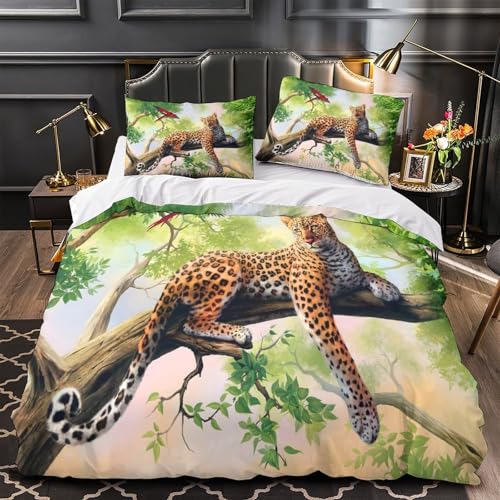 VOXYTMLWG Leopard with Blau Eyes Hautfreundlich 3D-gedrucktes 3 Stück Bettwäsche mit Reißverschluss Bequem Wild Animal Bettbezug for Erwachsene,Kinder,Männer ,Fans Single?135x200cm?