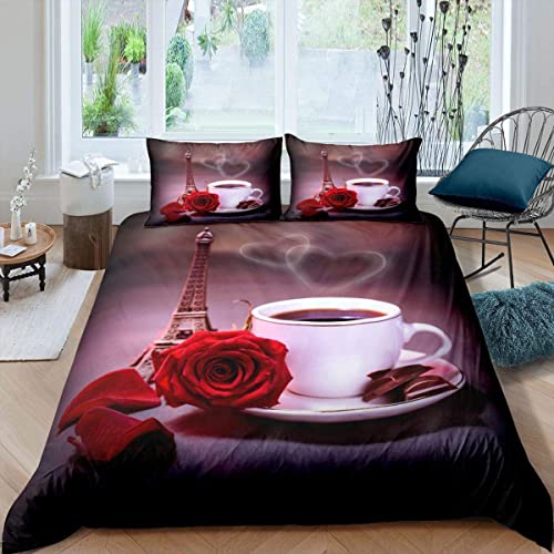 PUOJIEAT Bettwäsche 135x200 Paris, 3D Bettbezug Rote Rose Mikrofaser Bettwäsche Set, Bettwäsche-Sets 135x200 + 2 Kissenbezug mit Reißverschluss OPQ3901