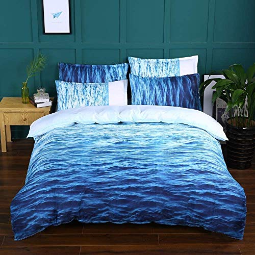 Luofanfei Bettwäsche 135x200 Blau Weiß Strand 3D Bettbezug Set 2teilig Wendebettwäsche Microfaser Zweiteilig Bettwäschegarnitur mit Blaue Weiße Ozeanwelle Gedruckt Reissverschluss