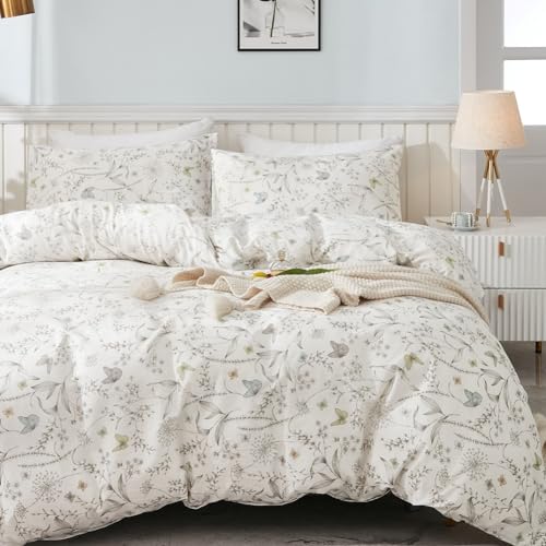 Nayoroom Bettwäsche Baumwolle 140x200 Weiß Grau Blumen Blatt mit Bunt Schmetterling 2teilig Bettbezug Set Dezent Elegant Deckbettbezug mit Reißverschluss und Kissenbezüge 70x90