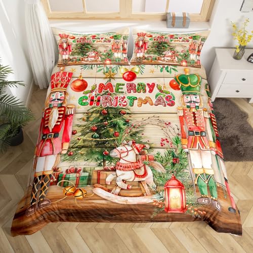 Loussiesd Weihnachten Bettwäsche Set 200x200cm Santa Rider Bettbezug Set für Kinder Jungen Mädchen Schneeflocke Betten Set Pferd Atmungsaktiv Bettwäsche-Set Beige Braun