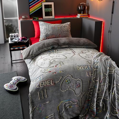 Catherine Lansfield Game Over Bettwäsche-Set, leuchtet im Dunkeln, Fleece, für Einzelbett, mit Kissenbezug, Schwarz