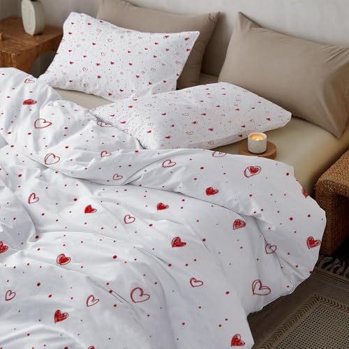 Bettwäsche 135*200cm Rot und Weiß Rotes Herzmuster Bettbezug Set 2 Teilig Herzförmiges Punktmuster Blümchen Blumenmuster Weich Bettwäsche-Sets mit 1 Kissenbezüge 80x80 cm und Reißverschluss