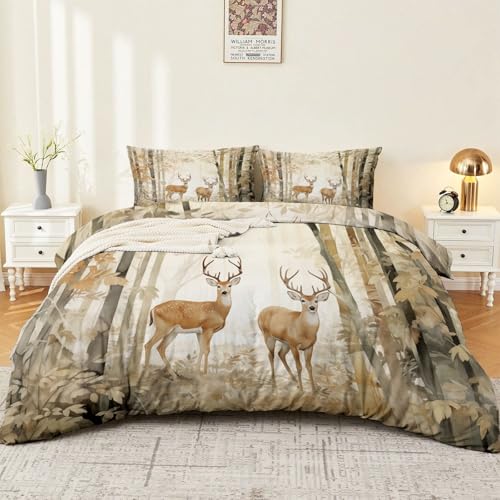 Super-King-Bettwäsche (260 x 220 cm) mit Reißverschluss, atmungsaktiv und komfortabel, mit Aquarell-Vintage-Naturmot iv (Wald, Hirsch) – Bettbezug aus gebürsteter Mikrofaser, perfekt für jedes Zimmer,
