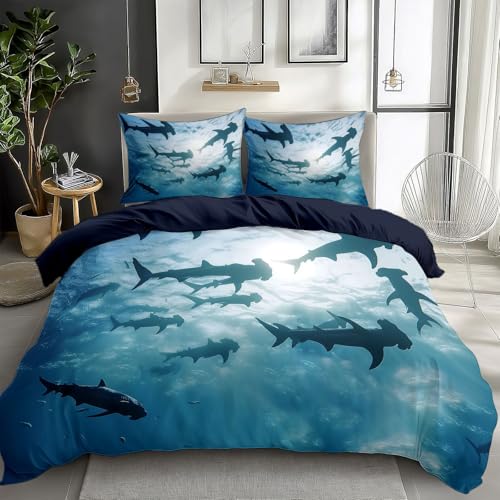 Quixora Bettwäsche 135 x 200 cm für Jugendliche Kinder Weich Gemütlich Bettbezug Tiefsee Fischschwarm Hammerhai Muster Mitternachtsblau Wendebettwäsche Einzelbett mit 2 Kissenbezug 80x80