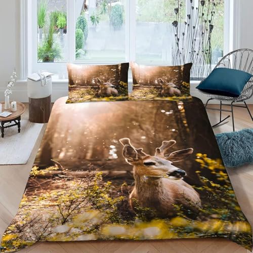 PUOJIEAT Bettwäsche 155x200 Hirsch, 3D Bettbezug Wald Mikrofaser Bettwäsche Set Hirsch, Bettwäsche-Sets 155x200 + 2 Kissenbezüge mit Reißverschluss ZXC914
