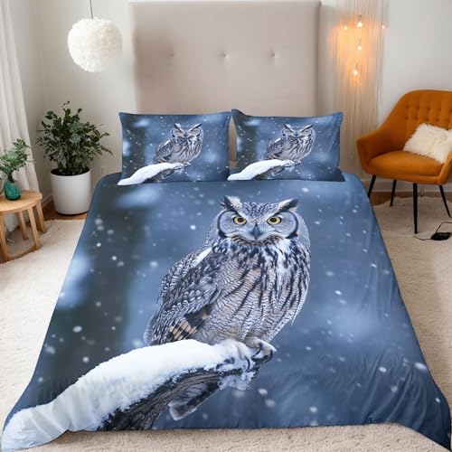 Generisch Bedding Bettwäsche 135x200 Set 3 Teilig Mikrofaser Warme Kinder Bettwäsche-Sets 3D Eule im Schnee Druck Bettbezug 135x200 Deckenbezug + 2 Kissenbezüge 80x80 mit Reißverschluss Eckbinder