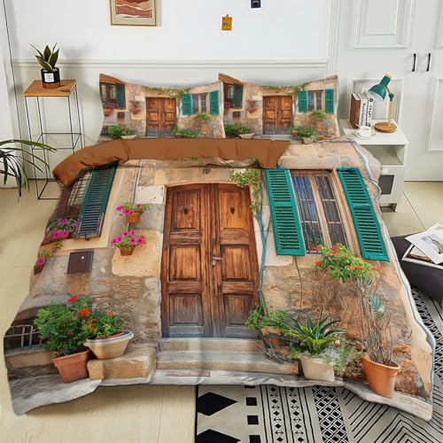 Generisch Bettwäsche 135x200 cm Hofgebäude Mit Holztür 3D Bedruckte Bettbezug Einfache Pflege 3-Teiliges Bettwäsche Set Polyester Baumwolle mit Reißverschluss und 2 Kissenbezug