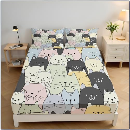 Poster Im Cartoon-Katzen- Spannbettlaken 120X200Cm, Anime-Stil Bettwäsche Set Bettlaken Kinder Mädchen Jugendzimmer Deko, Atmungsaktiv Bohemian Tiefe Tasche Blatt, 2 Kissenbezug