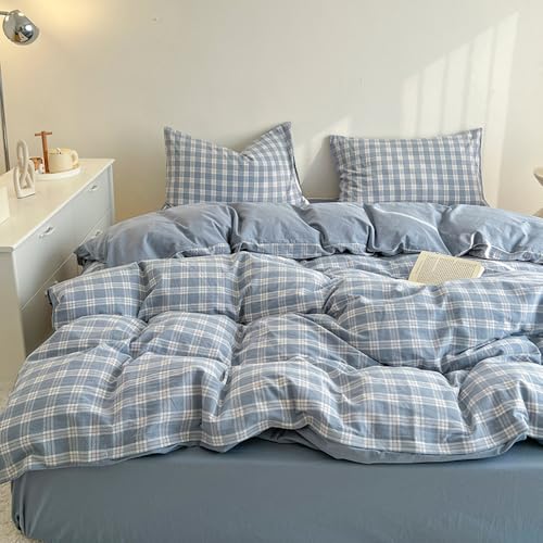 Covebett Bettwäsche 135x200 Kariert Blau Weiß Gewaschene Microfaser Wende Bettwäsche Set, Landhaus Style Aesthetic Karo Gitter Bettbezug und Kissenbezug 80x80 cm mit Reißverschluss