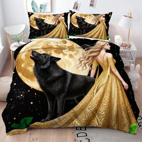 Gumntun Bettwäsche 200×200 cm Goldene Frau Schwarzer Wolf, 3D Gedruckter Bettbezug-Set für Doppelbett, Leicht & Atmungsaktiv Steppdeckenbezug mit 2 Kissenbezug 80x80 cm_B5255