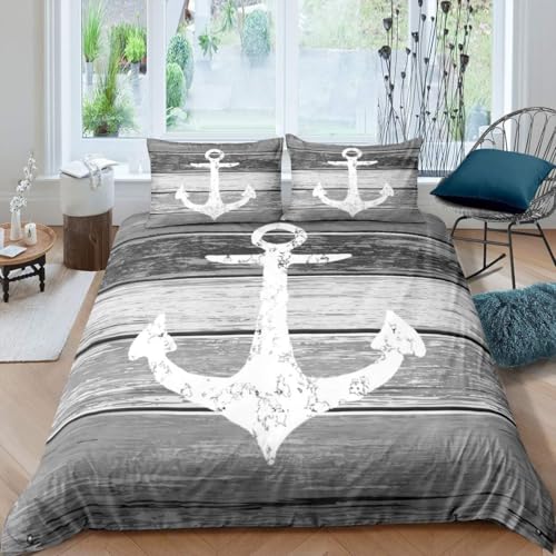 Bettwäsche 220x240 cm Anker 3 Teilig Bettbezug 220 x 240 Nautische Motive Bettwäsche-Sets 3D Weiche Mikrofaser Bettbezug Set mit Reißverschluss + 2 Kissenbezüge f-1146