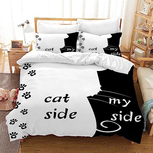 UGZDEA Katze und Meine Seite drucken Bettwäsche Set 135x200cm, Bettwäsche 3 Stück Set Schwarz Weiß Weiches Mikrofaser Steppbrett Set für Erwachsene Schlafzimmer Dekoration (B, Single?135x200cm?)