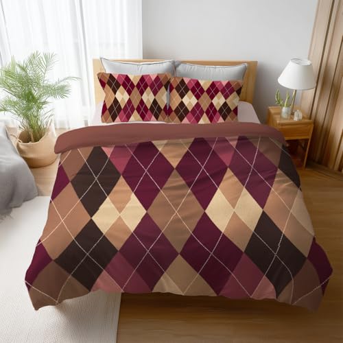 Generisch Weinrot Bettwäsche Karomuster Bettbezug-Set 135 x 200 cm + 1 Kissenbezug 80 x 80 cm, Hochwertiges Microfaser Wendebettwäsche mit Reißveschluss, Diamant Braunton Schwarz