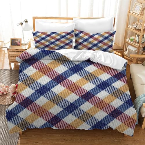 HOBBOY Einzigartige Design-Bettwäsche-Sets Beige & Gelb & Blau & Rot Gestreifter Karierter Bettbezug mit Reißverschluss 2 Kissenbezüge Atmungsaktives Bettbezugsset 220x240 cm