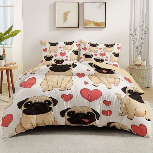 Doppelseitiges Bettbezug Tiere Süß Mops Druck 3-teiliges Bettwäsche, 200 x 200 cm Pflegeleicht Atmungsaktiv Bettwäsche für Jugendliche Erwachsene Creme