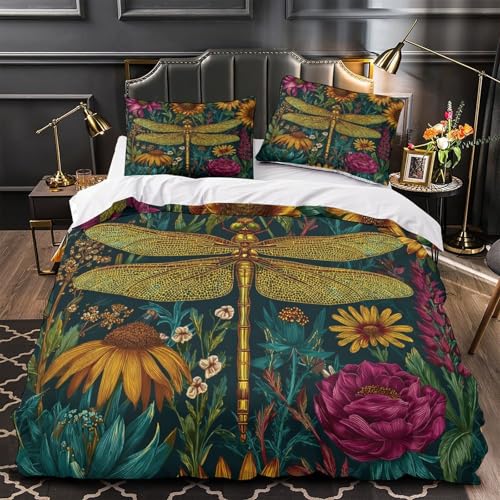 RJAVAGFZL Libellenkunst 3D-Bedruckt 3er-Set Steppbezug Vintage botanische Illustration Bettdeckenbezug Mikrofaser Hypoallergen Reißverschluss für Kleinkinder Mädchen Frauen Single (135x200cm)