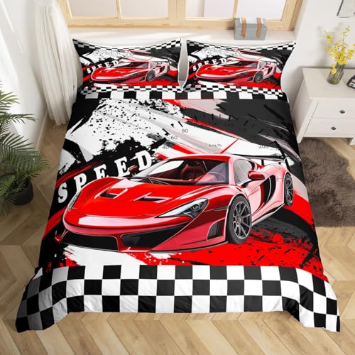 Bettwäsche 155x220 Roter Rennwagen Bettbezug 155x220 & 2 Kissenbezügen, Schwarz-weiß Karierter Sportwagen Bettbezug Set Microfaser Bettdeckenbezug mit Reißverschluss und 2 Kissenbezug 80x80cm