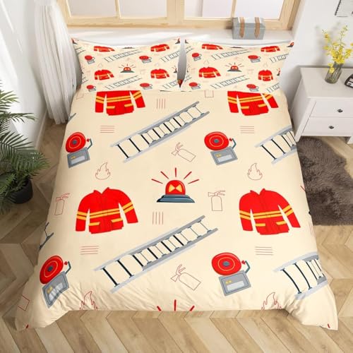 Tizhweqo Feuerwehrmann Bettwäsche 155x220 Feuerwehr Bettwäsche Set Weiche Mikrofaser 3D Druck Karikatur Bettbezug Set mit Reißverschluss Bettbezüge und 2 Kissenbezug 80x80 cm q3236