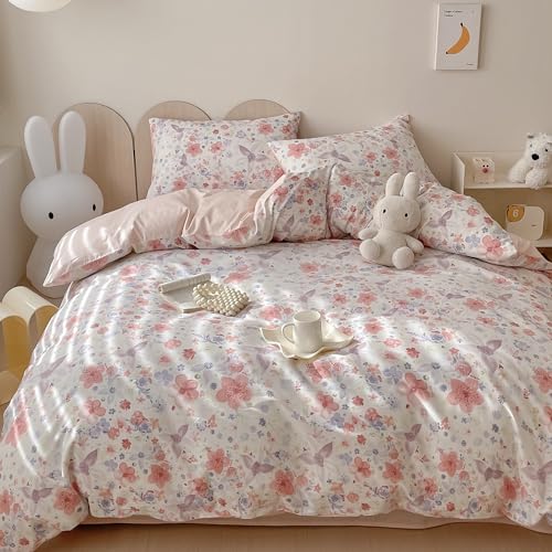 Yaofeiou Kinder Bettwäsche 100x135cm Baumwolle Rosa Blumenmuster Mädchen Blumen Bettbezug Weiß Rosa Wendebettwäsche Mit Reißverschluss und 1 Kissenbezug 40x60