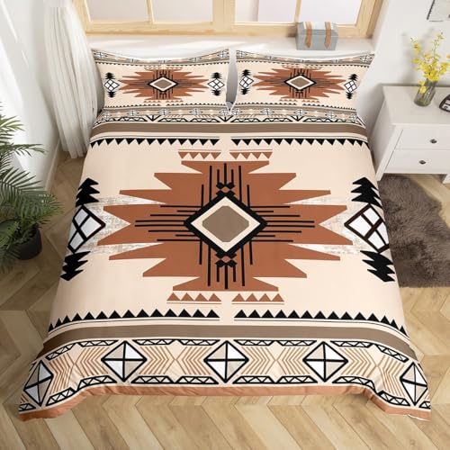 Homemissing Boho-Bettwäsche-Set für Doppelbett, Südwesten, Indianer-Design, Bettdeckenbezug, Südwesten, geometrischer Bettbezug, Western-Dekor, Tagesdecke, Bezug, Beige / Braun