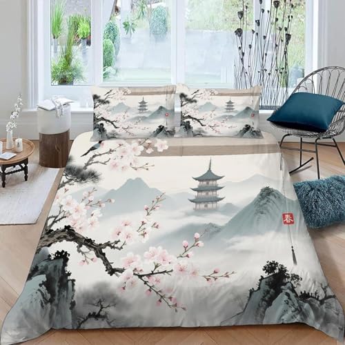 Bettwäsche 155x220 Chinesische Tuschemalerei 3D Druck Bettbezug 155x220 Orientalische ästhetik Bettwäsche-Sets Weiche Mikrofaser Bettwäsche Set 3 Teilig Bettbezüge mit 2 Kissenbezüge 80x80 cm I-2720