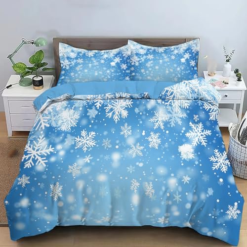 JEDTAKCT Bettwäsche 135X200Cm Hellblau Schneeflockenhimmel Bettwäsche 3 Teilig Verträumte Landschaft Aus Weich, Atmungsaktiv Microfaser - Wende Bettbezug Mit Reißverschluss Und 2 Kissenbezug
