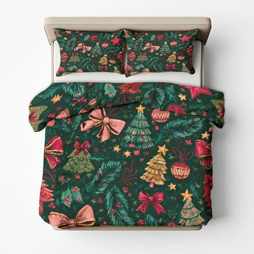 Generisch Winter Bettwäsche 135x200 Weihnachten Design, 2teilig - Schleifen Tannenbaum Bettbezug und 1 Kissenbezug 80x80, Wendebettwäsche, Schlafzimmer Deko, Mikrofaser, mit Reißverschluss SD-1299