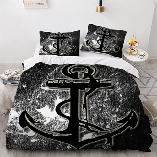 LMMSMGS Bettwäsche 140x200 70x90 Anker eines schwarzen Schiffes Bettwäsche-Sets– Weiches Mikrofaser-Set mit Bettbezug 140x200 + 1 Kissenbezüge mit Reißverschluss Eckbinder für Mädchen Jungen