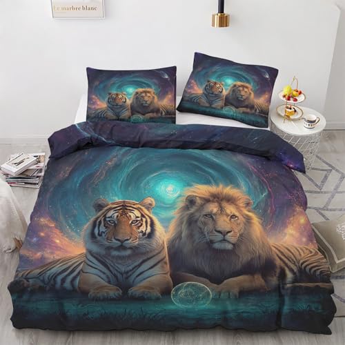 Generisch Bettwäsche 155x220 cm Tiger Löwe Bettwäsche Set, Mikrofaser Bettbezug mit Magische Sternenhimmel 3D Druck Wendebettwäsche Bettbezüge mit Reißverschluss und 2 Kissenbezüge 80x80cm
