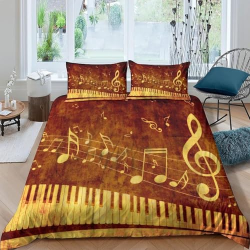 Bettwäsche 135x200 cm Goldene Musiknote 3 Teilig Bettbezug 135 x 200 Musikthema Bettwäsche-Sets 3D Weiche Mikrofaser Bettbezug Set mit Reißverschluss + 2 Kissenbezüge j-3194