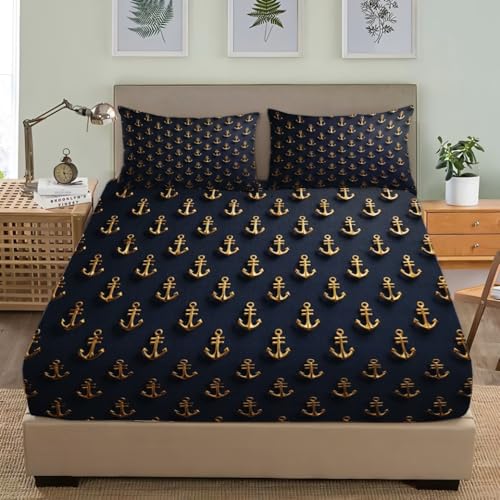 Spannbettlaken 140x200cm Tiefe Tasche 30 cm Mit 2 Kissenbezügen Maritimer Ankerdruck Weiches Hypoallergen Bettlaken Atmungsaktiv Spannbetttuch Dunkel Bettwäsche-Sets für Kind