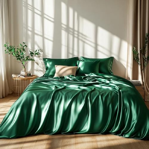 Lanqinglv Satin Bettwäsche Set 135x200 cm Dunkelgrün Grün Seide Glatt Glanzsatin Luxus Sommerbettwäsche Set Satin Polyester Uni Bettbezug mit Reißverschluss und 1 Kissenbezug 80x80cm